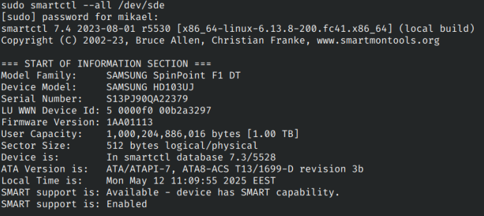 Screenshot of smartctl